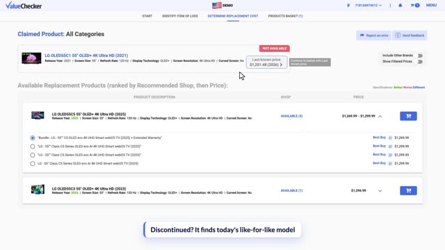 The ValueChecker web app showing like-for-like replacement prices