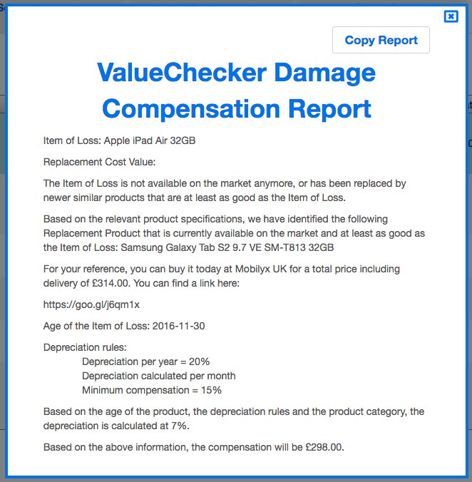 The 2017 damage compensation report, a text pop-up